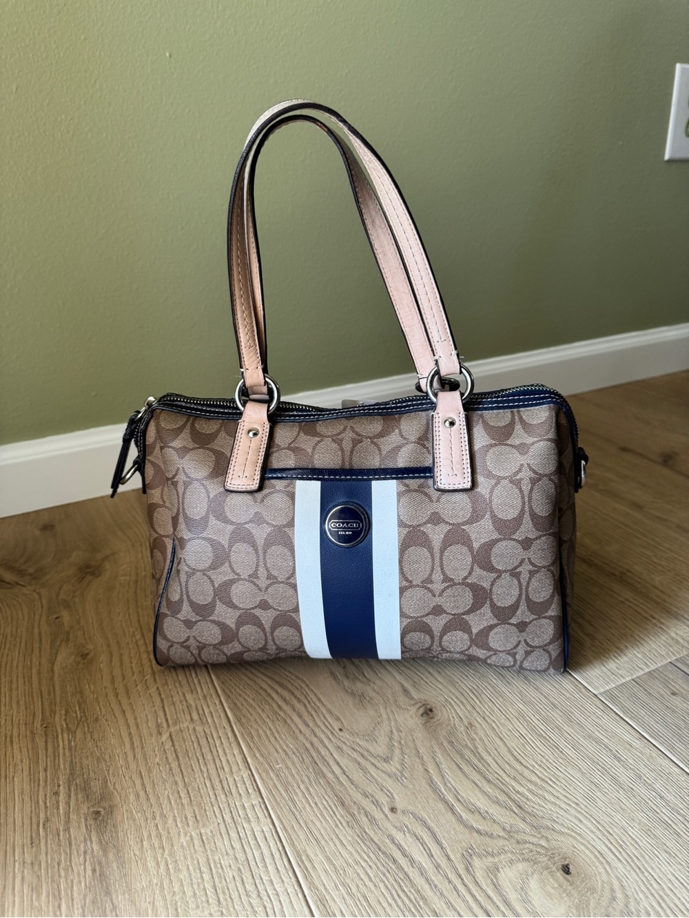 Coach Brown Signature Satchel with Navy and Ivory Stripe